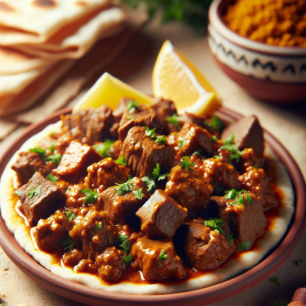 Djiboutian suqaar with tender beef cubes, peppers and carrots garnished with fresh herbs