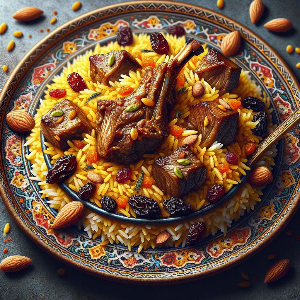 Spiced surbiyaan rice with meat and vegetables, garnished with fresh herbs