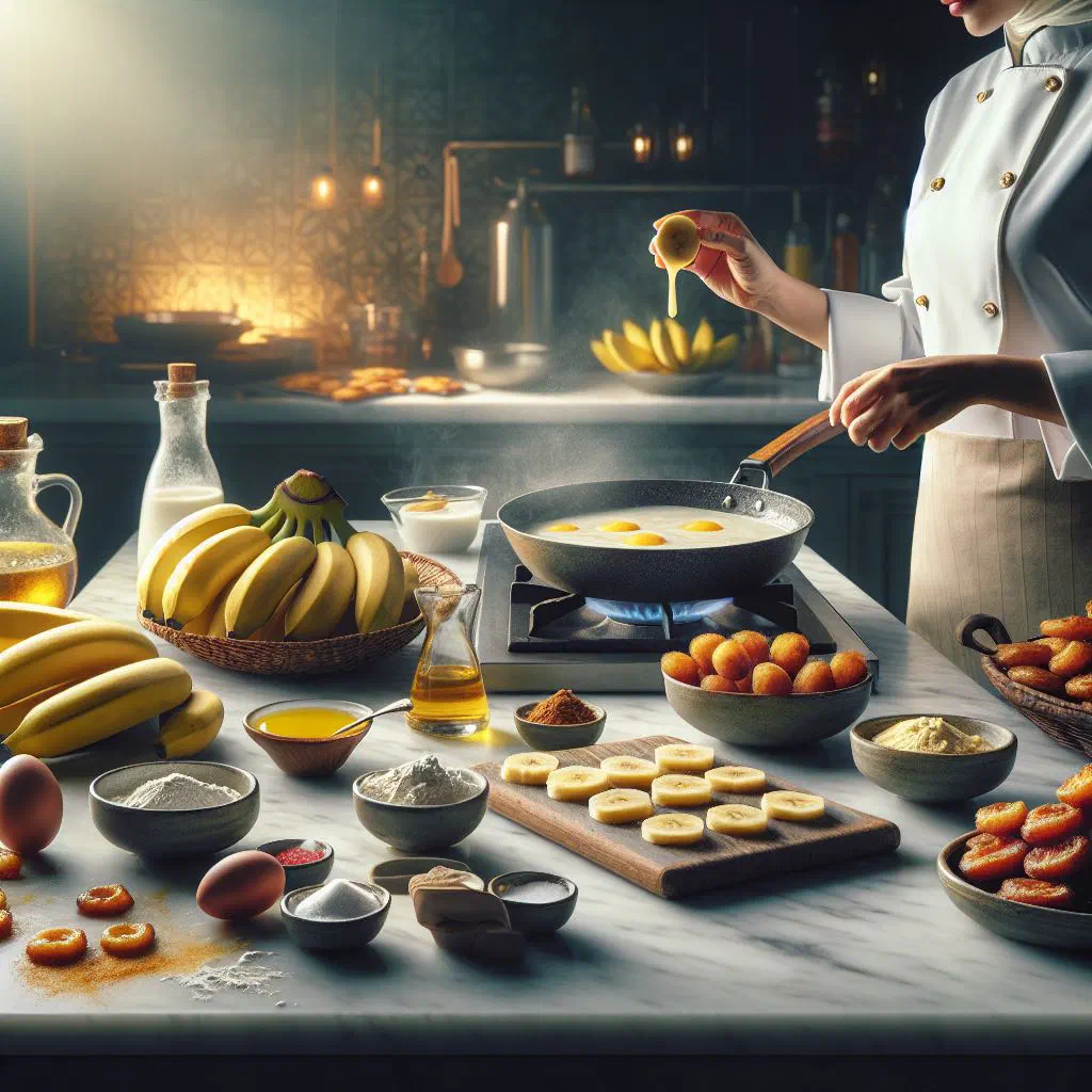 Golden fried banana fritters dusted with sugar on a plate