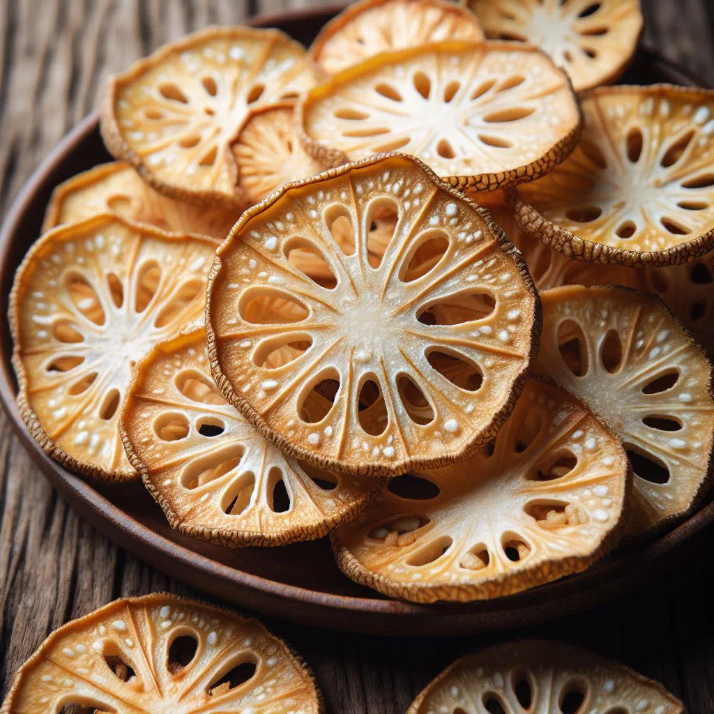 Golden, crisp baked breadfruit chips piled in a bowl