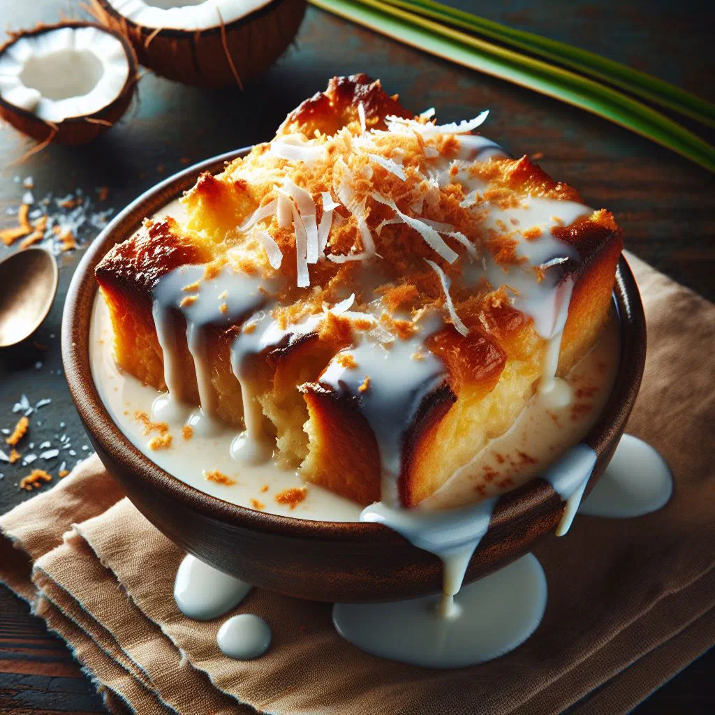 Golden coconut bread pudding topped with toasted coconut flakes