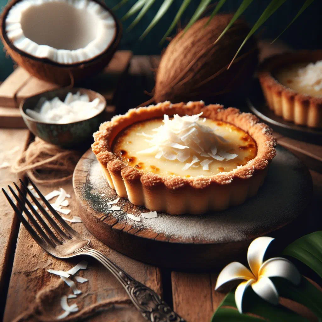 Golden coconut tart dusted with icing sugar on a serving plate