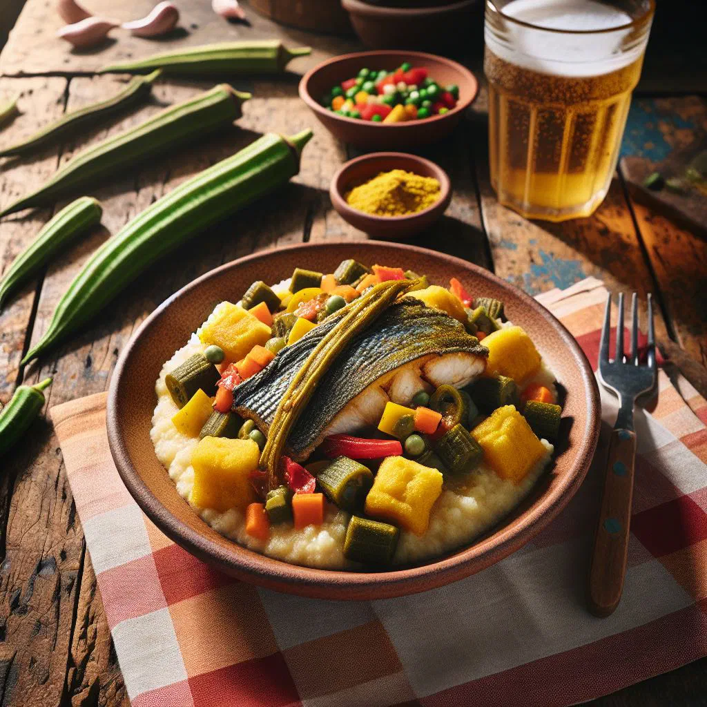 A bowl of golden cornmeal and okra cou-cou garnished with fresh herbs