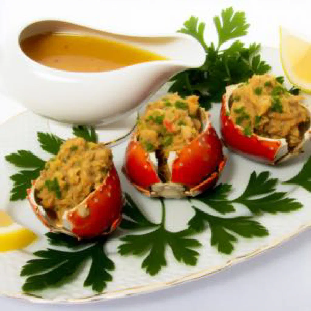 Baked crab back served in the shell with a golden breadcrumb crust