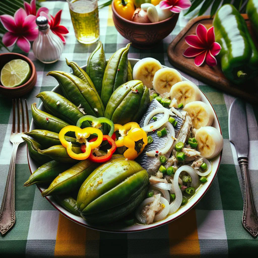 Green fig and saltfish with sautéed onions and peppers, garnished with fresh herbs