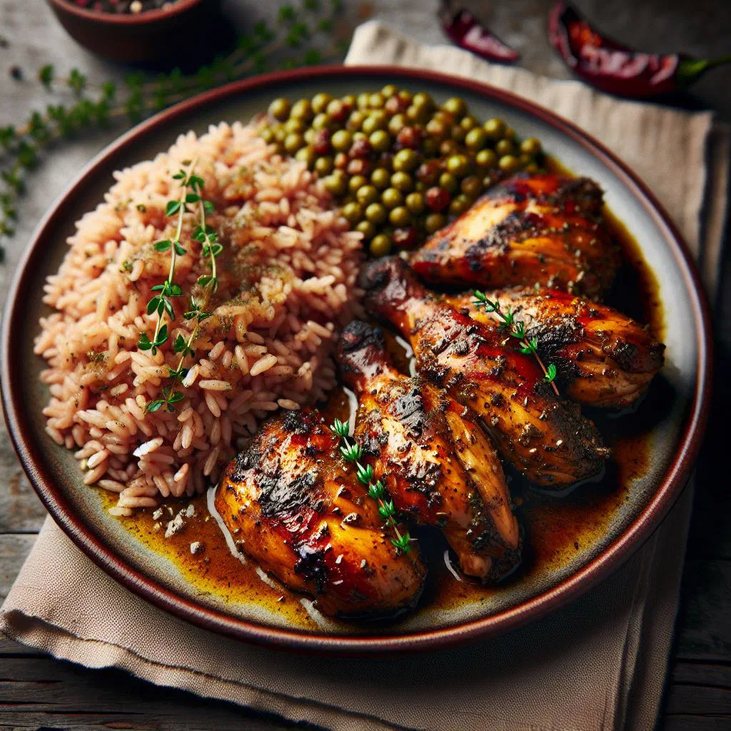 Jerk chicken served with rice and green peas on a plate