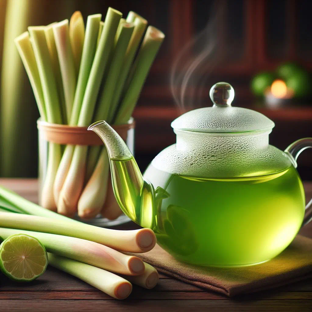 A cup of golden lemongrass tea garnished with fresh lemongrass stalks