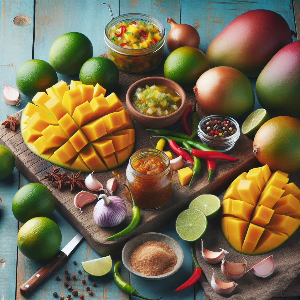 A jar of golden mango chutney with fresh mango and chilli