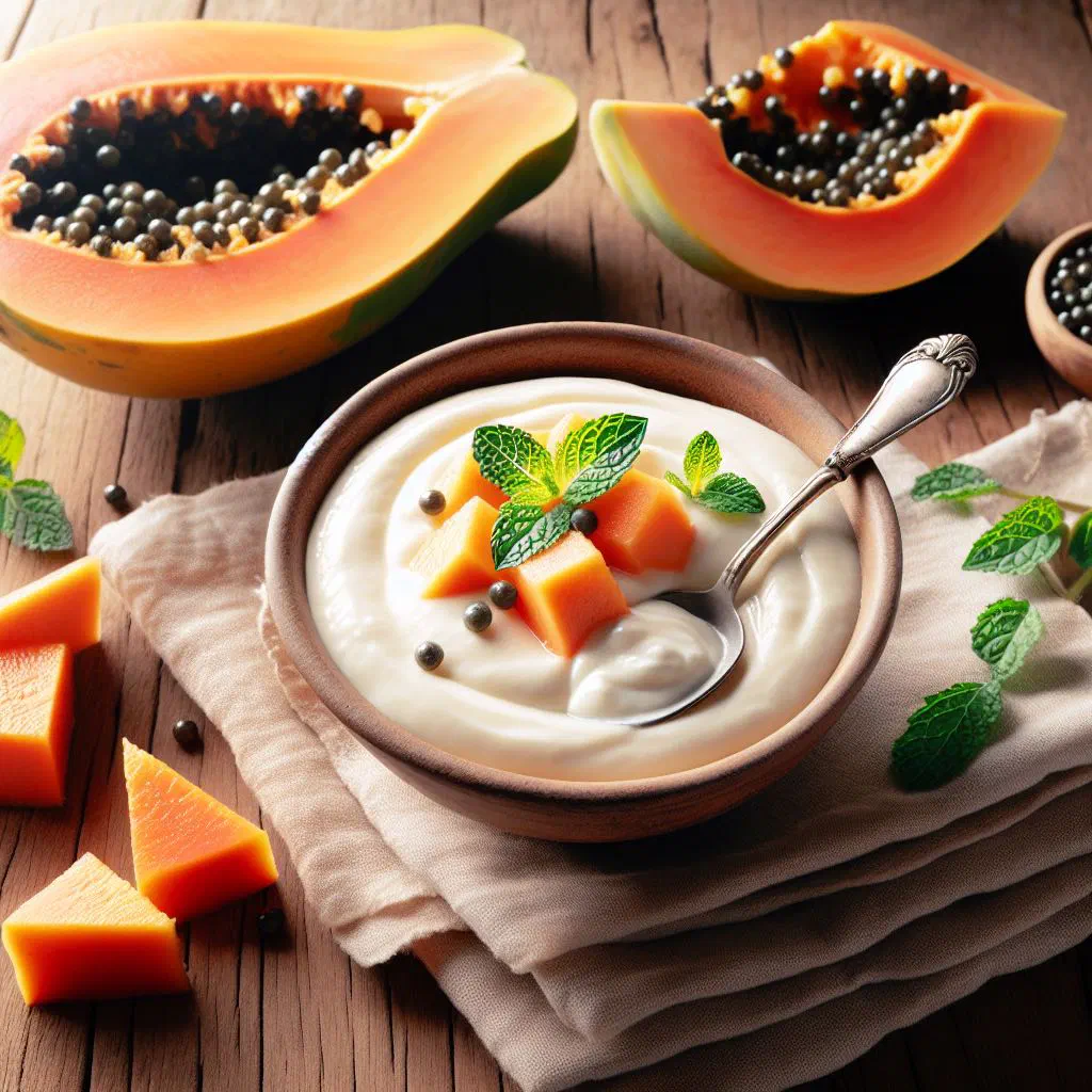 Papaya mousse served in a glass, garnished with fresh fruit and mint