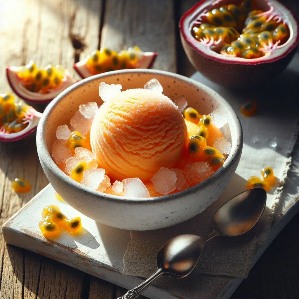 Scoops of bright orange passion fruit sorbet in a glass with mint
