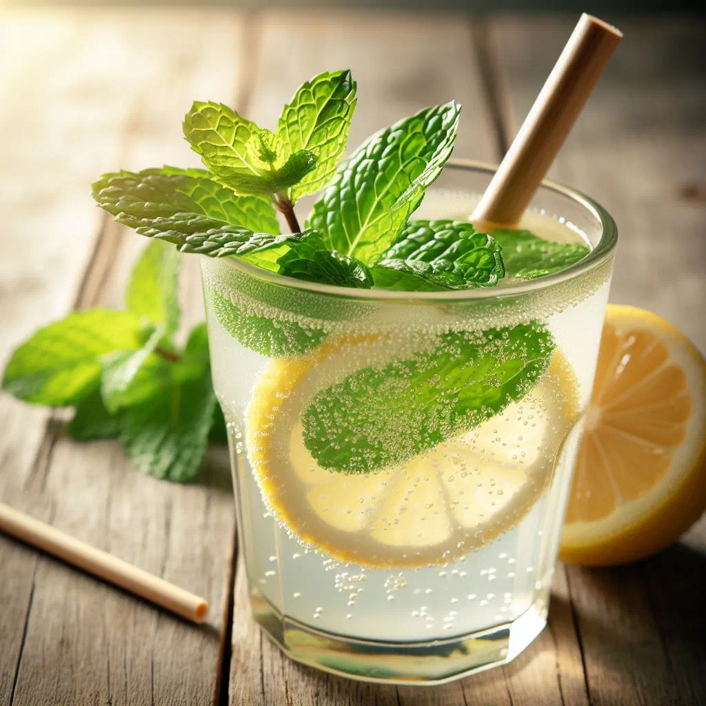 Glass of peppermint ginger lemonade with lime slices and fresh mint