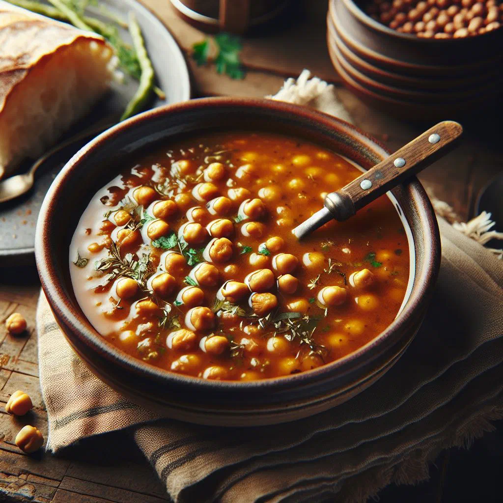 Bowl of hearty Caribbean pigeon pea soup with vegetables and fresh herbs