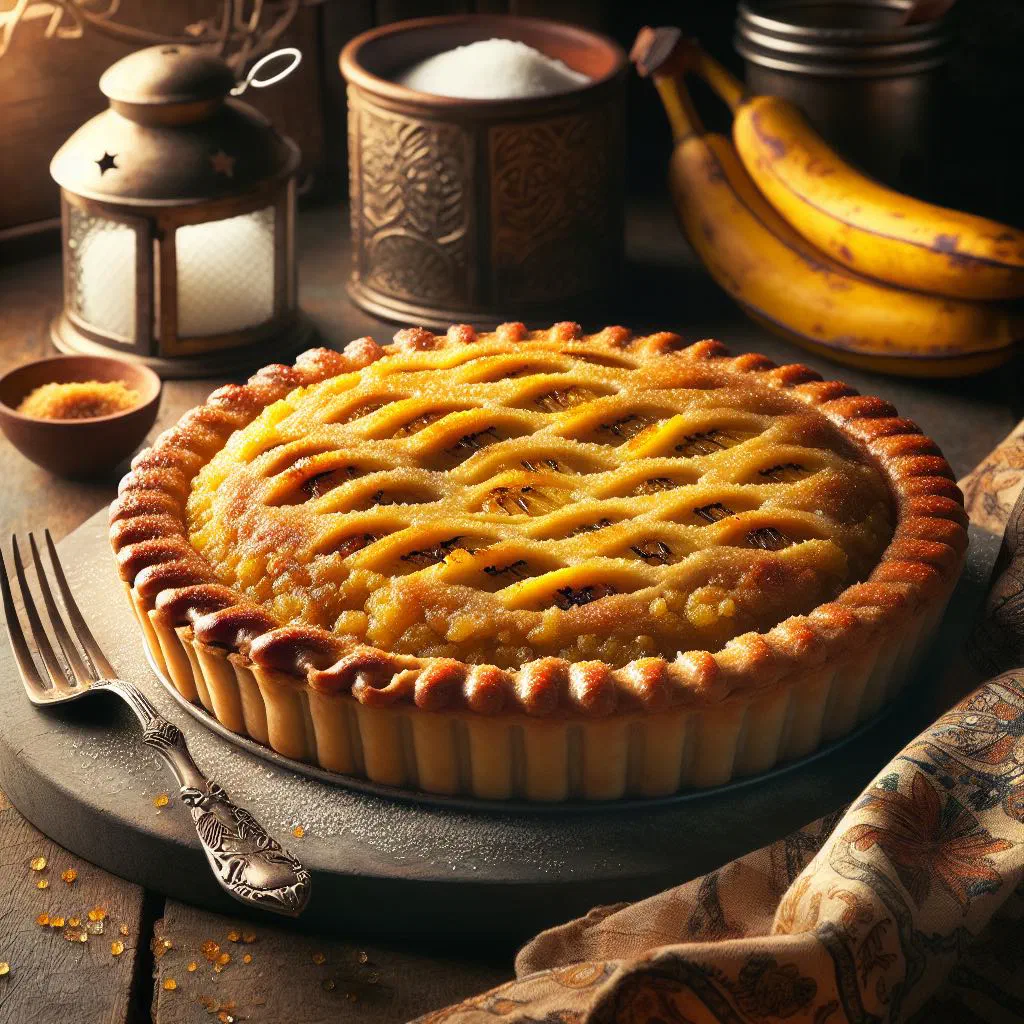 Golden baked plantain pie with a savoury filling, sliced and served