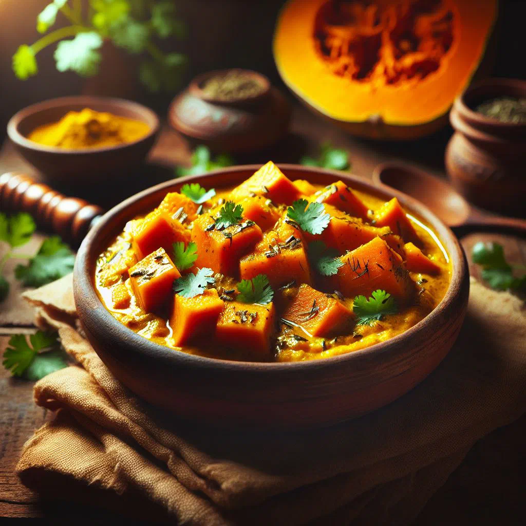 Creamy Caribbean pumpkin curry in coconut sauce garnished with fresh herbs