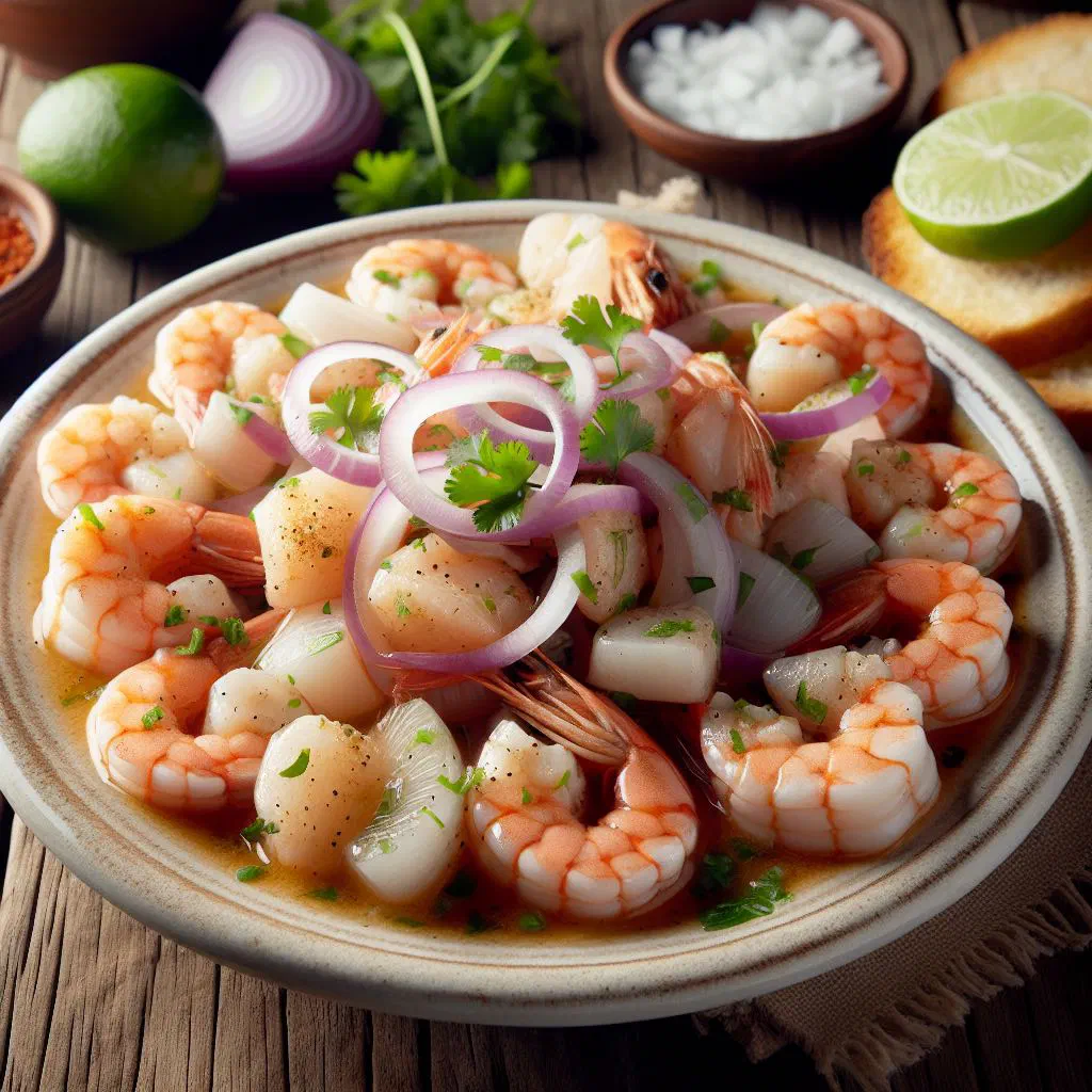 Seafood ceviche with prawns, squid, tomato and fresh coriander in lime juice