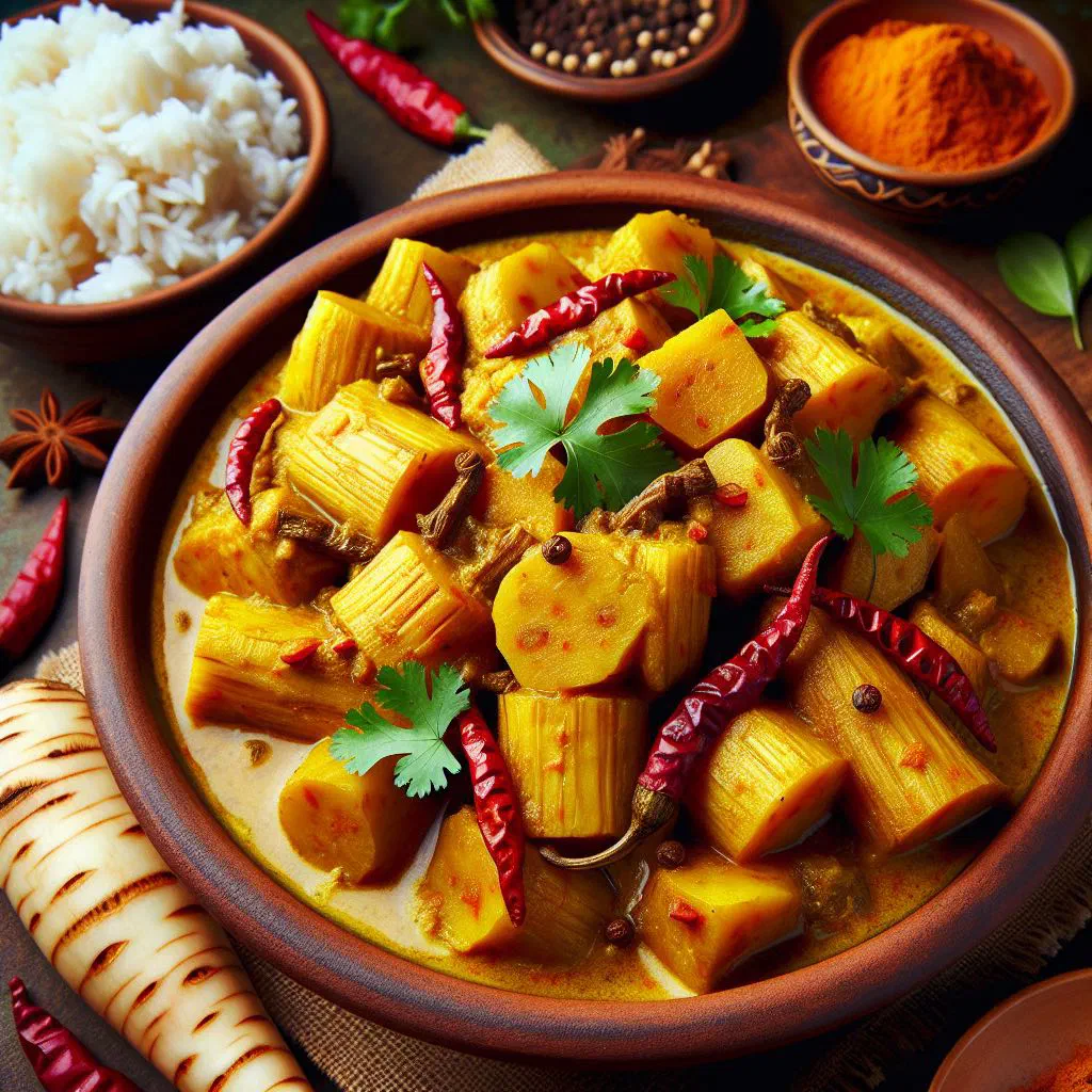 Creamy taro root curry in coconut sauce garnished with fresh coriander