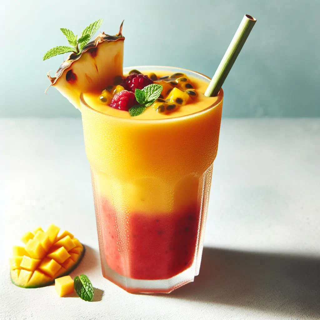 Tropical smoothie in a tall glass garnished with fresh fruit and mint
