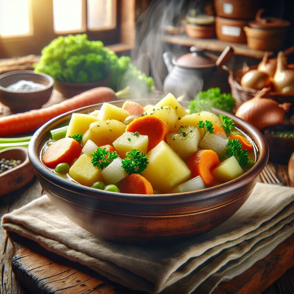 A steaming bowl of Dominican yam stew topped with fresh herbs
