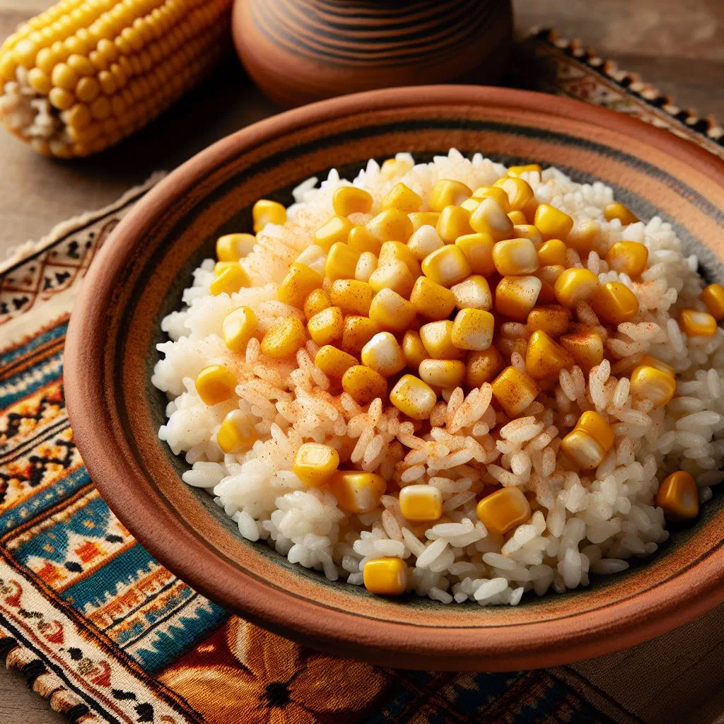 Bowl of Dominican rice with sweet corn, garnished with fresh coriander