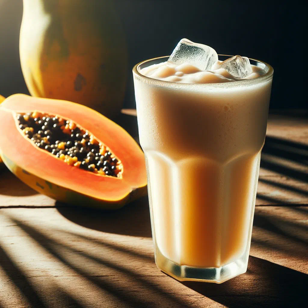 Creamy papaya shake in a tall glass with a dusting of cinnamon