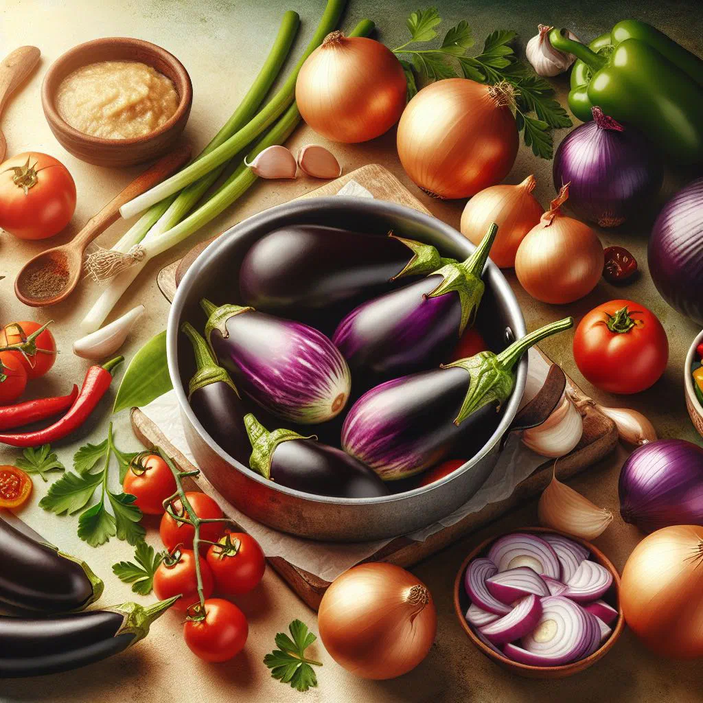 Braised aubergine stew with peppers and tomatoes in a bowl