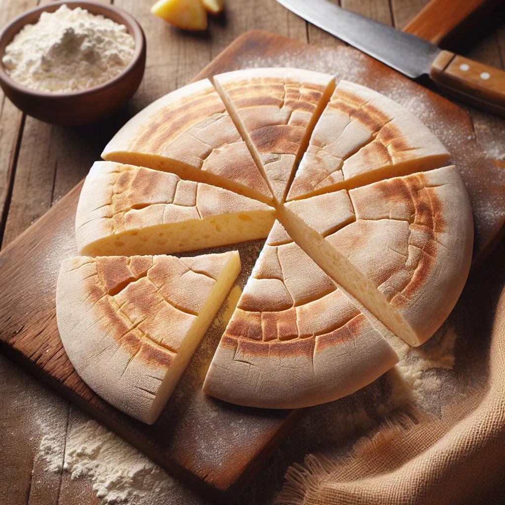 Round crisp casabe cassava flatbread on a wooden board