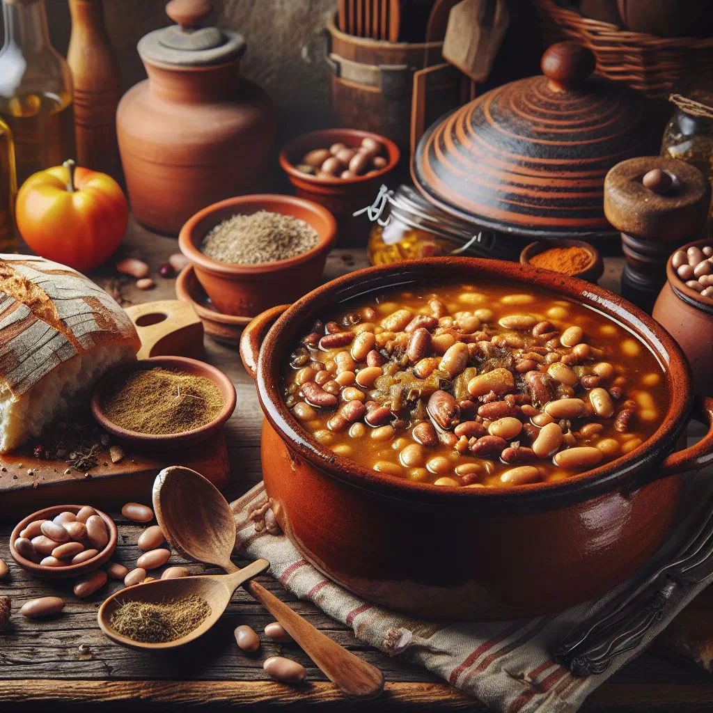 Bowl of Dominican bean stew with peppers, carrot and fresh coriander