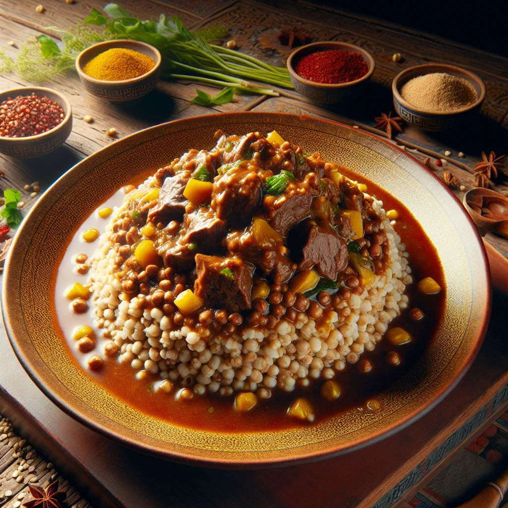 Creamy Dominican chenchen cornmeal porridge with braised meat and fresh coriander