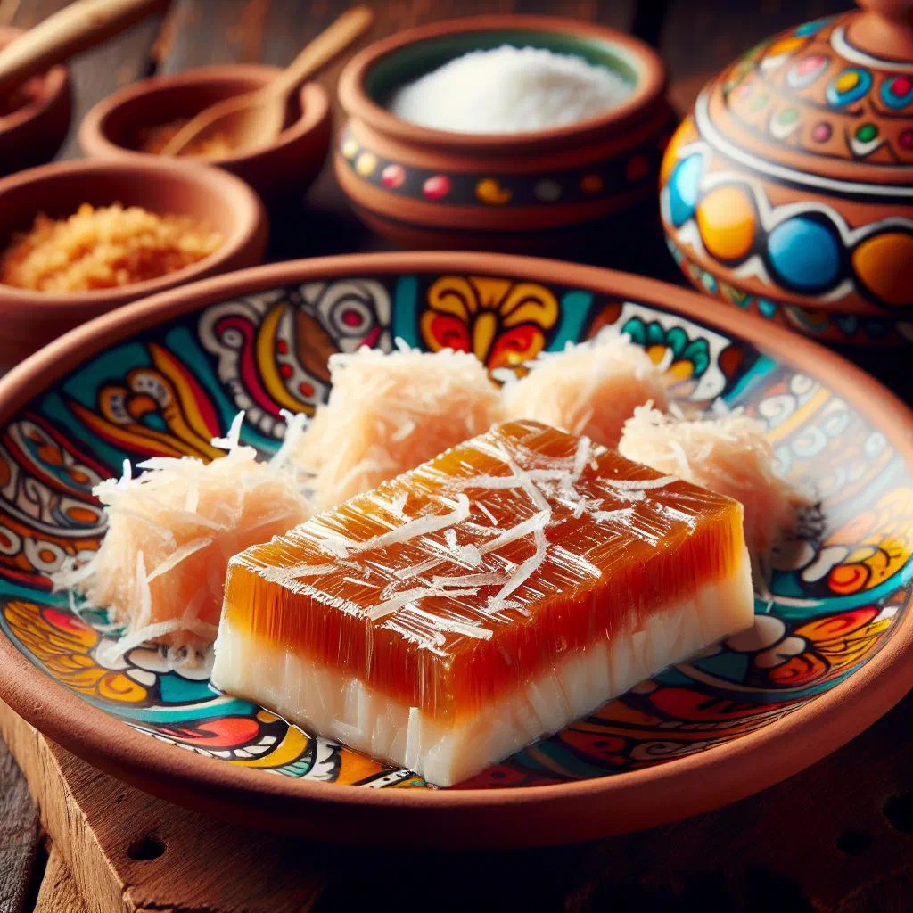 Squares of Dominican dulce de coco garnished with coconut shavings