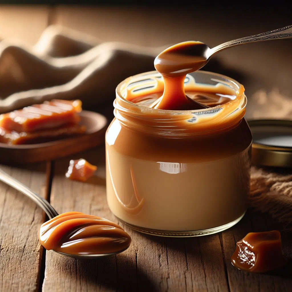 Golden dulce de leche caramel sauce in a small glass jar with a spoon