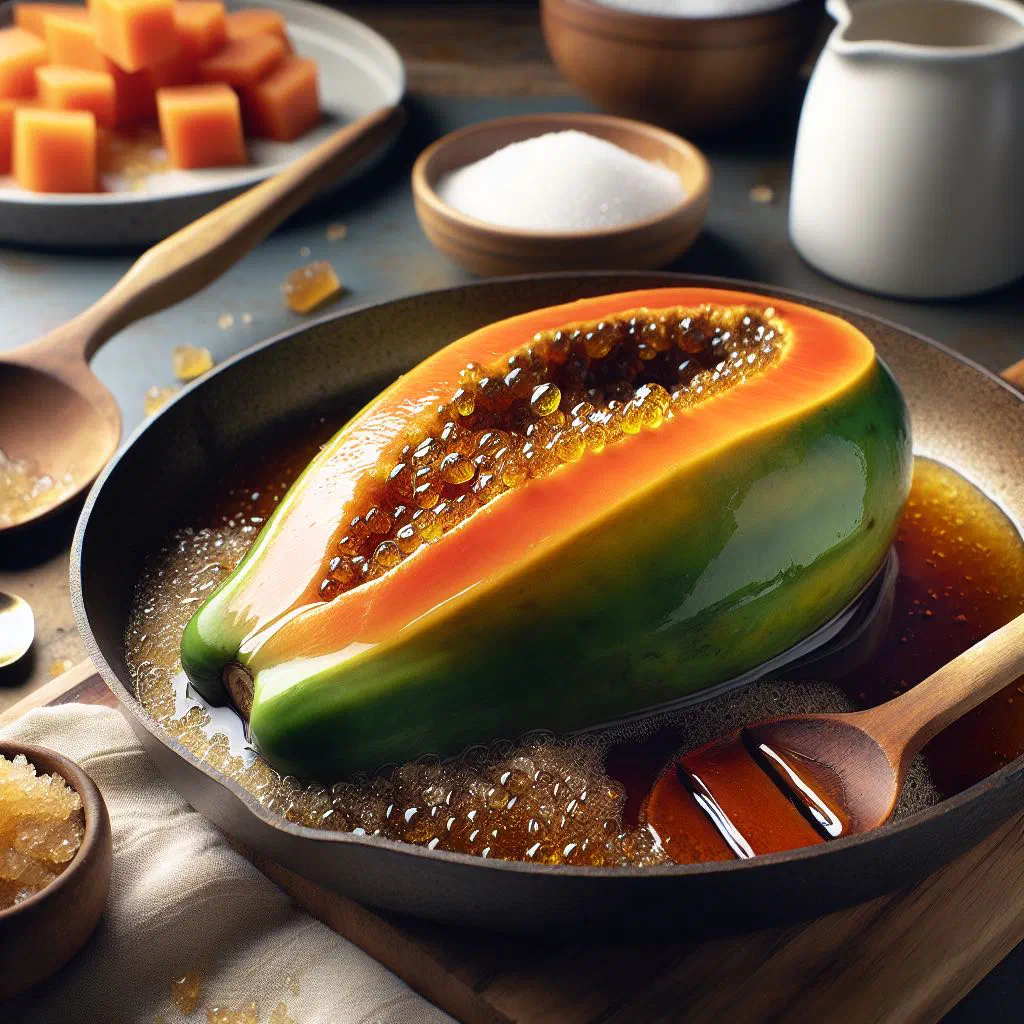 Strips of green papaya candied in cinnamon syrup, served in a small bowl