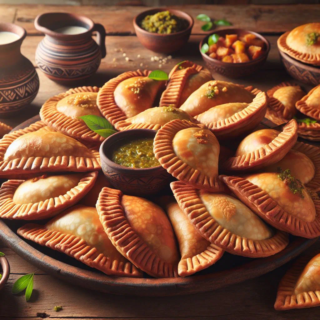 Golden fried Dominican empanadas on a plate with dipping sauce