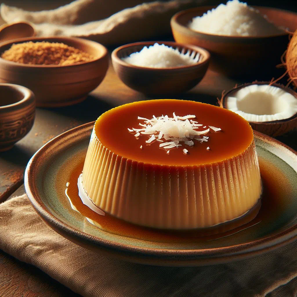 Coconut flan turned out onto a plate and topped with toasted coconut