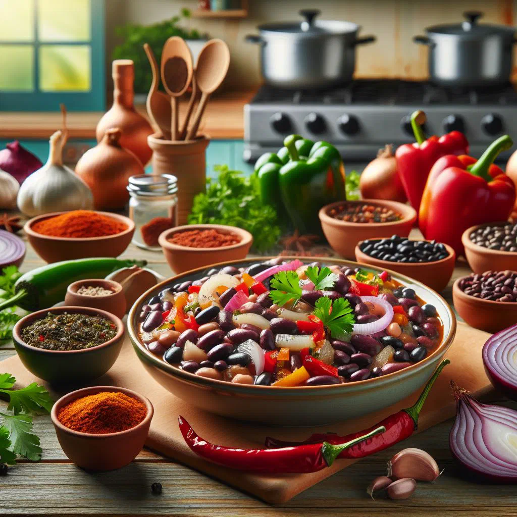 Dominican stewed beans in a bowl, garnished with fresh coriander