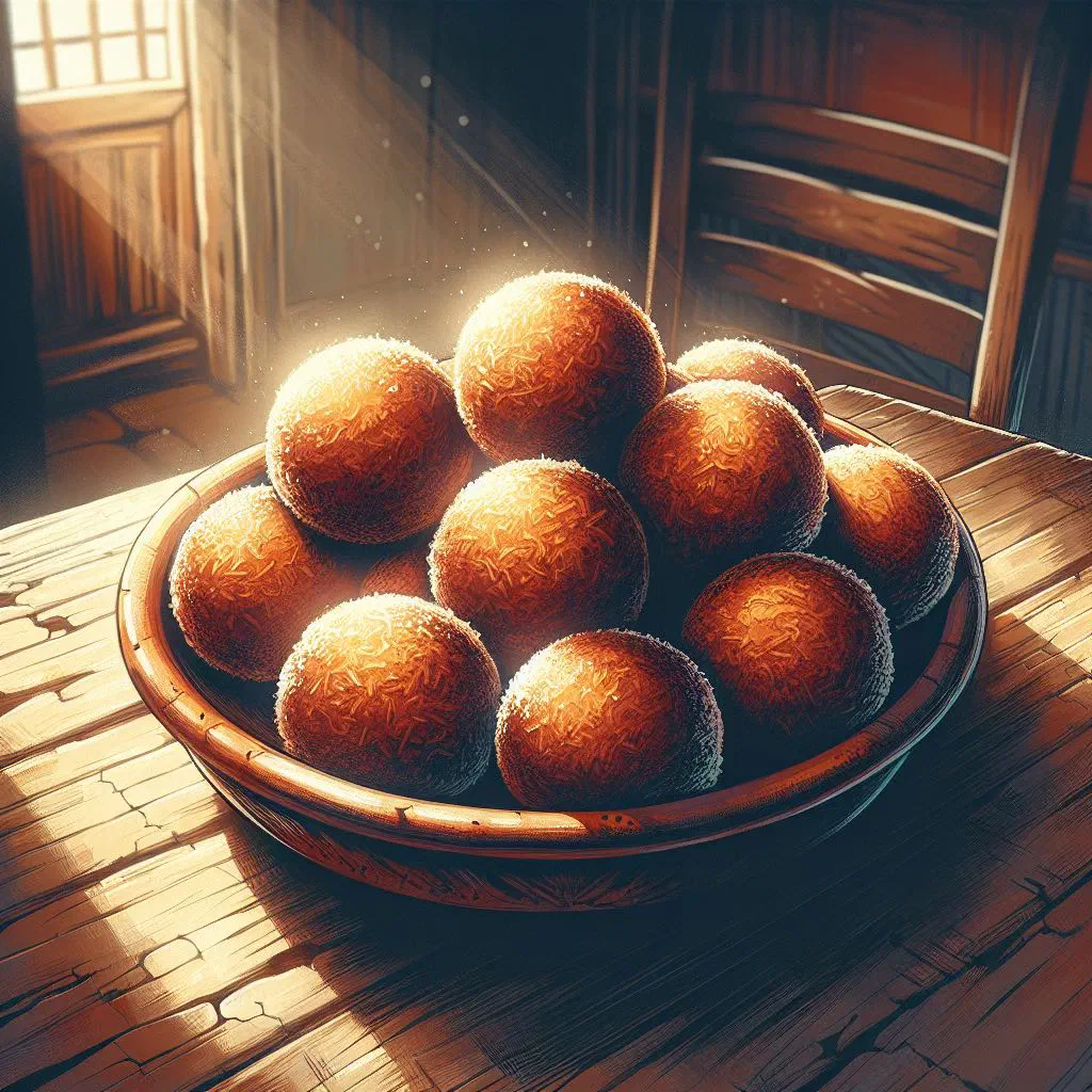 Round coconut jalao balls dusted with cinnamon on a plate