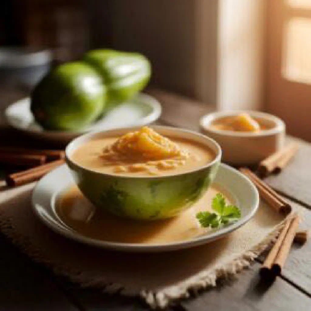 Chilled papaya pieces in a creamy cinnamon milk sauce, served in a bowl