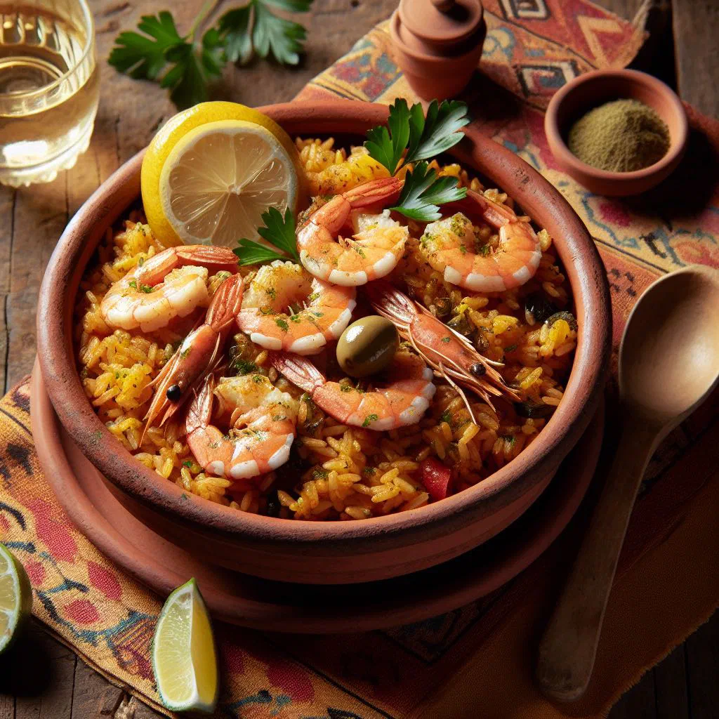Locrio de camarones with seasoned rice, prawns and peppers in a pan