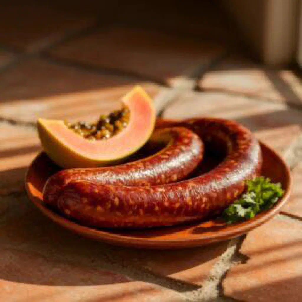 Grilled Dominican longaniza sausages with lime wedges and fresh herbs