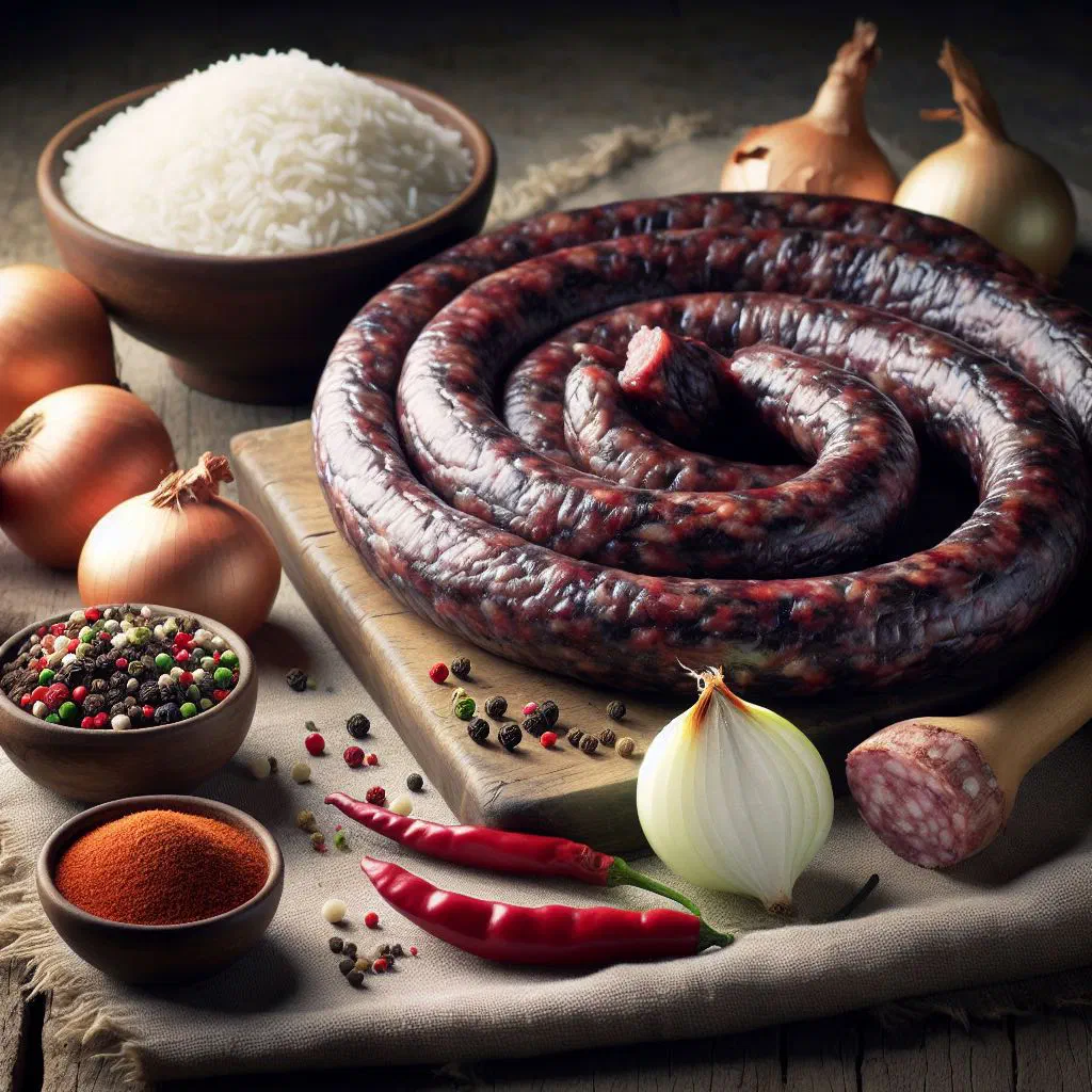 Sliced Dominican morcilla sausage served with fried onions and herbs