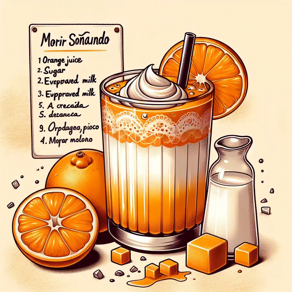 Tall glass of creamy orange Morir Soñando with ice and orange slices