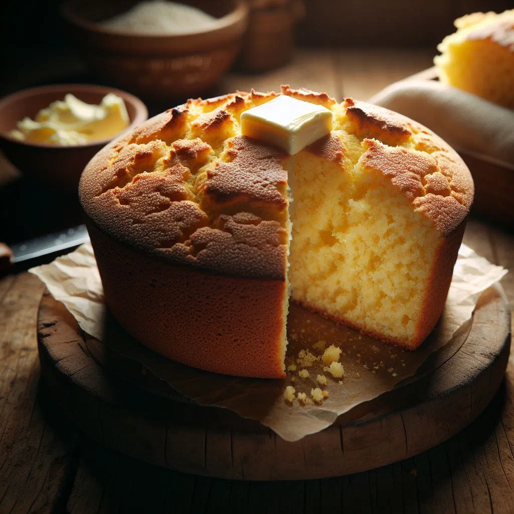 Golden Dominican cornbread sliced on a wooden board