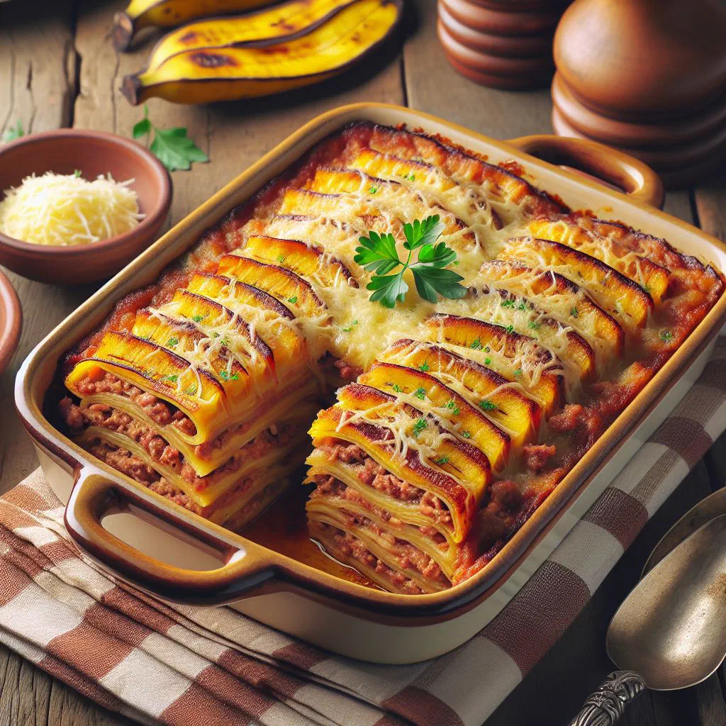 Layered plantain and minced meat bake with a golden cheese topping