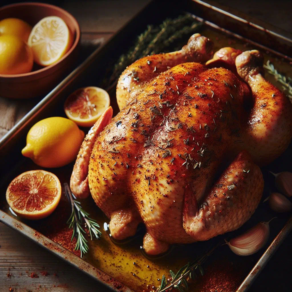 Golden roasted Dominican chicken with onions, peppers and lime wedges