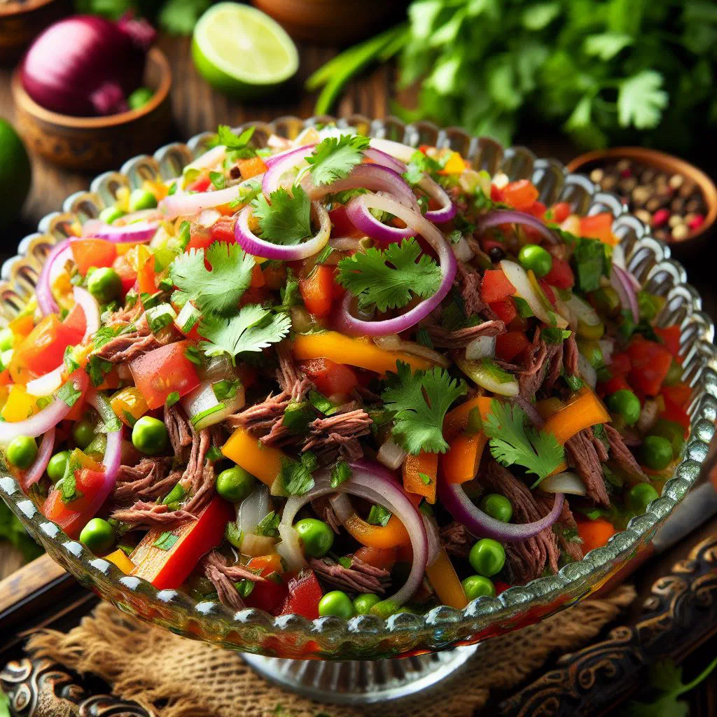Bowl of Dominican salpicón with diced beef, peppers, tomato and fresh parsley
