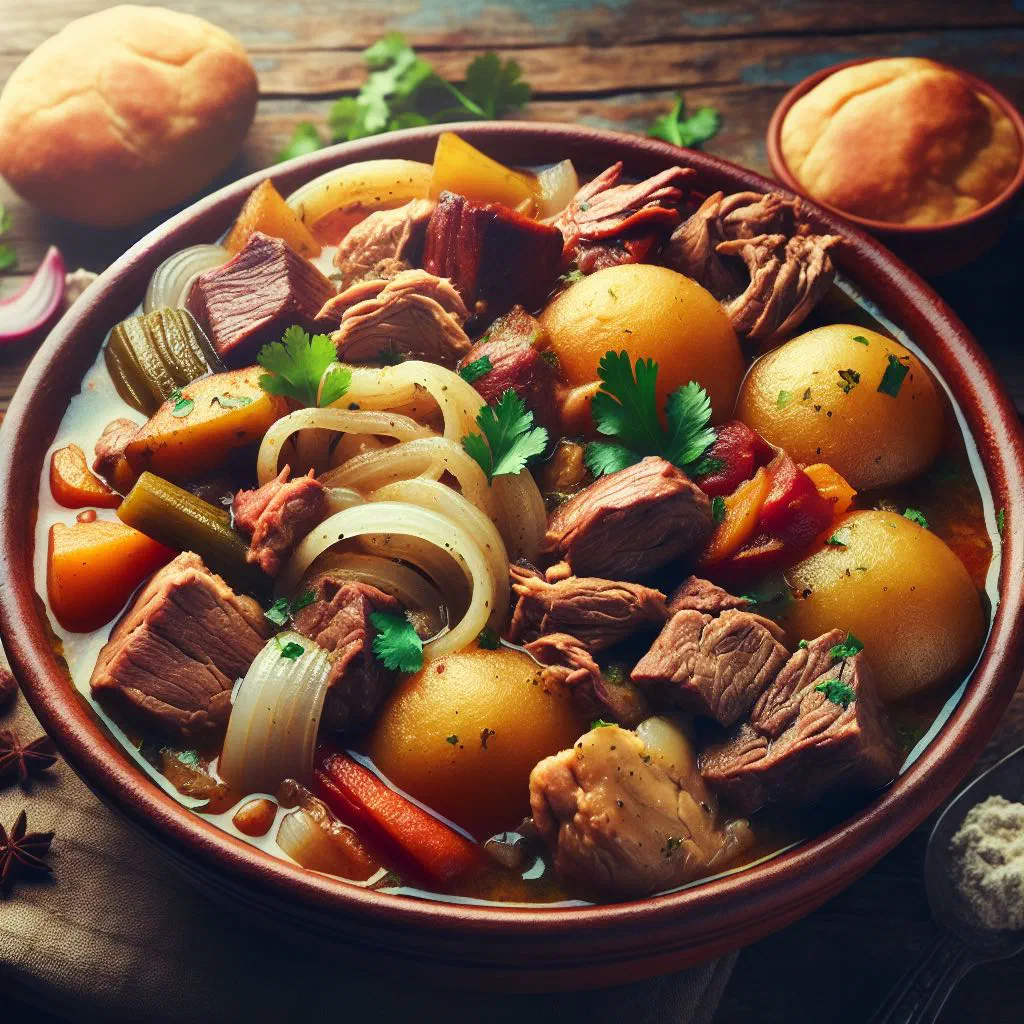 A rustic bowl of Dominican sancocho with beef, chicken, corn and root vegetables
