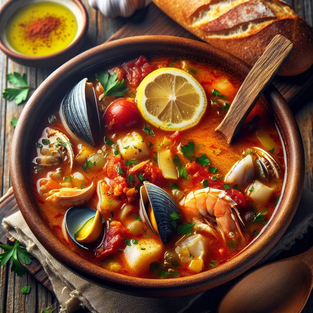 Bowl of Dominican fish soup with vegetables, lime and fresh coriander