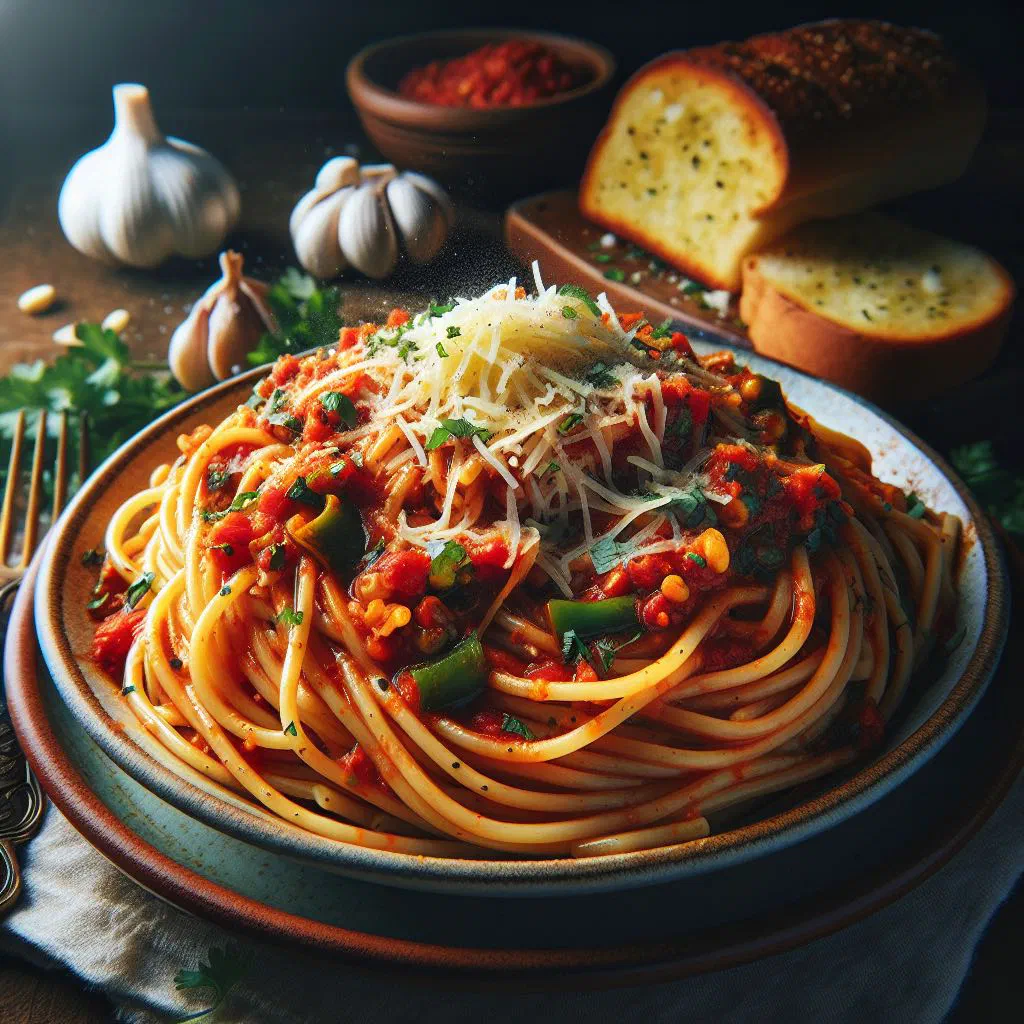 Spaghetti dominicano in a tomato sauce, garnished with fresh herbs