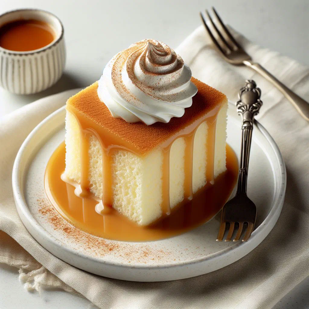Slice of tres leches cake topped with whipped cream on a plate