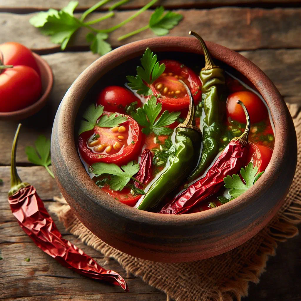 A bowl of Ají de Tomate de Árbol with fresh coriander and chilli