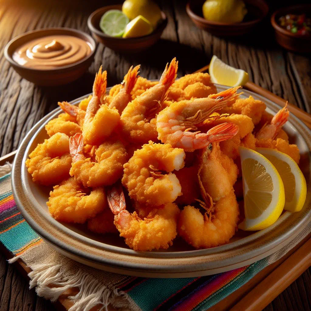 Golden breaded prawns served with lime wedges and a spicy dip